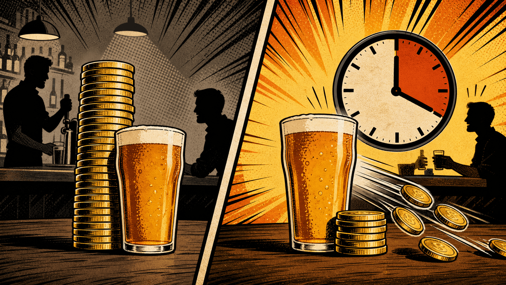 A bar chalkboard comparing a regular pint price with a discounted happy-hour price