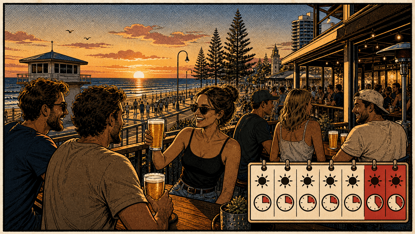 Scarborough weekend pub window with happy-hour pint prices