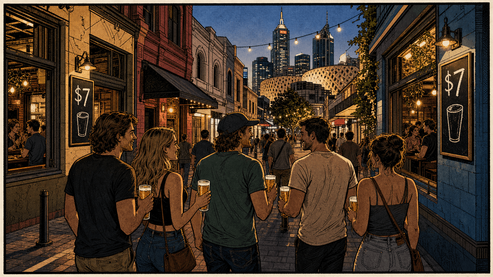 Northbridge pubs with verified $7 pint prices marked along the street