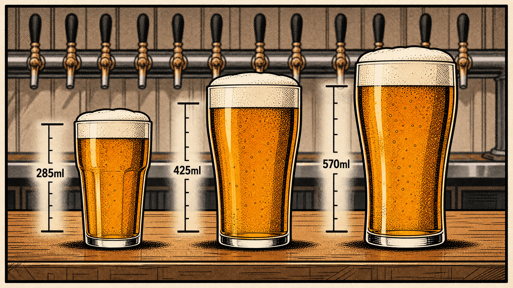Middy, schooner and pint glasses marked 285ml, 425ml and 570ml