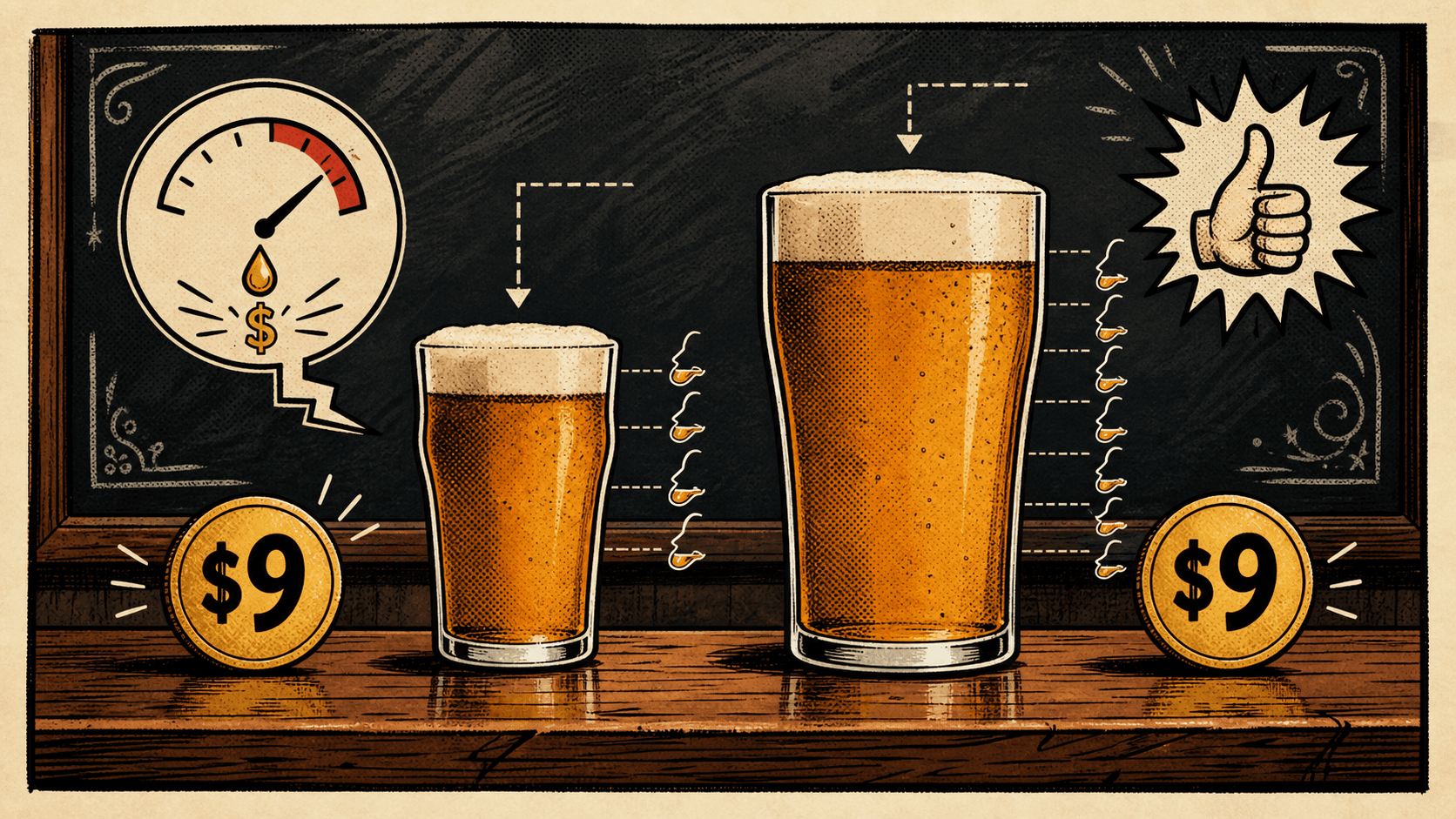 A schooner and pint comparison showing how the same menu price changes value by glass size